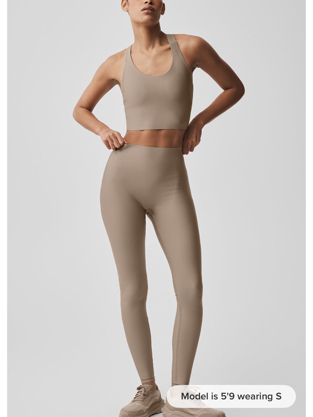 ALO Yoga Airlift Leggings and SuperSleek Bra Tank in color GRAVEL MEDIUM